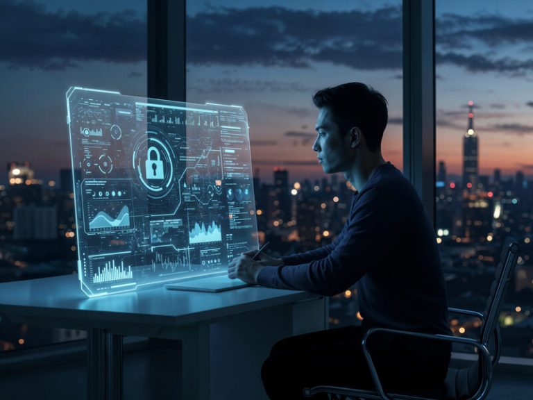 Editorial illustration of a corporate security team reviewing user activity dashboards while one employee account is highlighted as a potential internal risk.