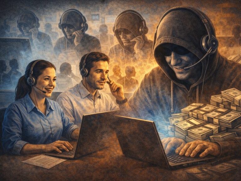 An editorial illustration of a business team reviewing sensitive product designs and digital files while a subtle cyber threat moves through connected systems in the background.