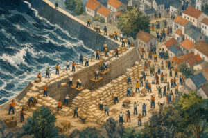 Hand-drawn isometric art of workers reinforcing a dam with sandbags as water rises, tiny teams coordinating to protect a crowded town