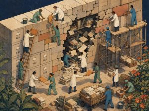 Hand-drawn isometric art of hospital staff and tiny workers rebuilding a cracked archive wall, passing files by hand to stop papers spilling out